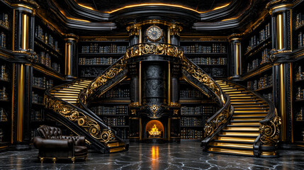 Fototapeta premium A luxurious library featuring ornate staircases, dark wood shelves filled with books, a cozy armchair, and a glowing fireplace, creating an elegant and inviting atmosphere.