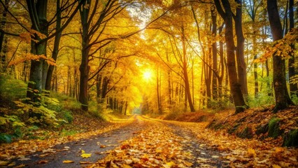 Fototapeta premium Golden leaves carpet a woodland path, autumn's vibrant tapestry unfolds on a nature trail.