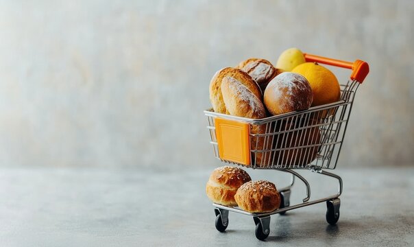 Mini cart filled with pastries and citrus fruit on grey background.