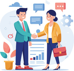 People shaking hands at work - Two businesspeople, man and woman doing handshake in office at work while smiling over business agreement and deal. Flat design stock illustration on white background