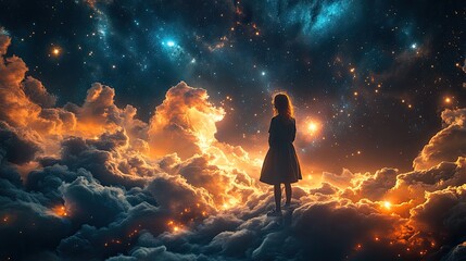 Fototapeta premium Girl gazing cosmos, cloudscape, dreamscape, hope, artwork, fantasy