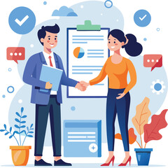 People shaking hands at work - Two businesspeople, man and woman doing handshake in office at work while smiling over business agreement and deal. Flat design stock illustration on white background