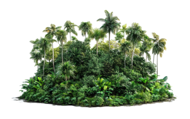 Lush green tropical forest island on transparent or white background