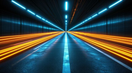 Fototapeta premium Neon Lit Tunnel Roadway Showing Speed and Light