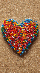 Fototapeta premium A heart crafted from colorful push pins on a corkboard, postcard design. Valentine concept, vertical illustration