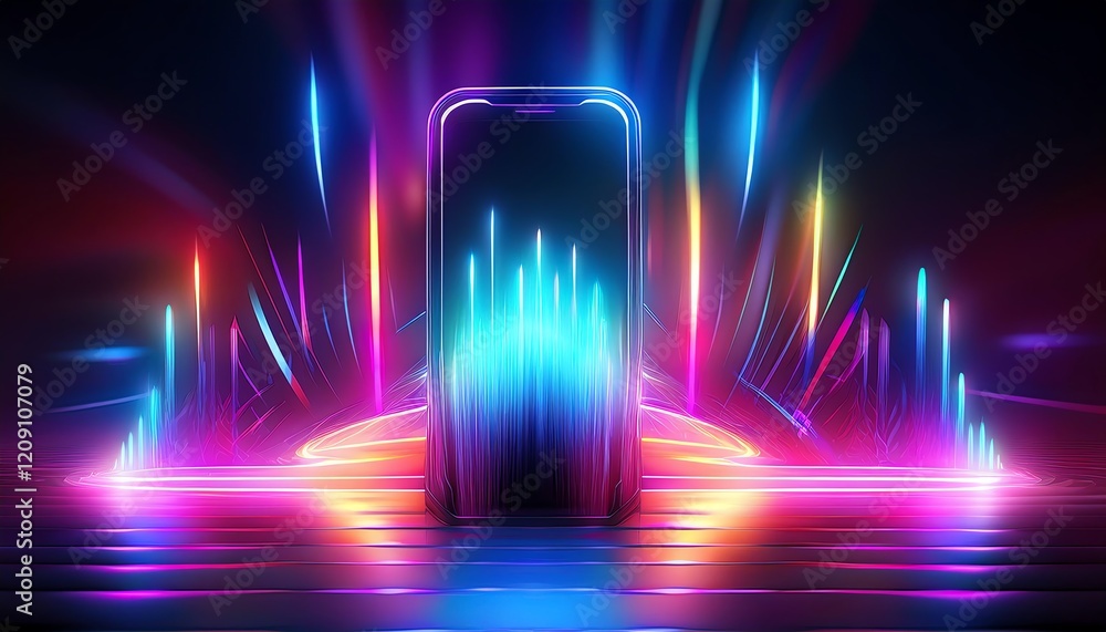 Poster a vibrant, futuristic scene featuring a glowing portal surrounded by colorful light beams and dynami
