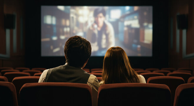 映画館でデートをする若いカップル