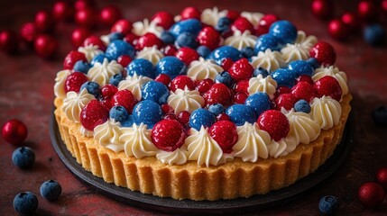 Delicious and Colorful Dessert Tart with Whipped Cream and Fresh Berries Decorated for Festive Occasions and Celebrations on a Rustic Background