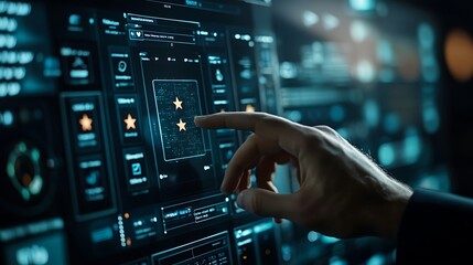 Obraz premium A businessman is touching a virtual screen by hand