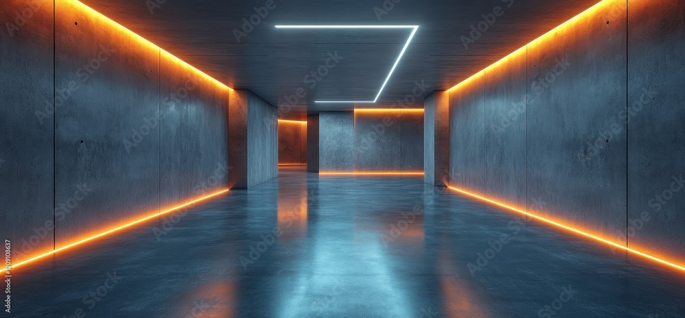 Poster futuristic concrete gallery space minimalist design lighting shadows depth perspective