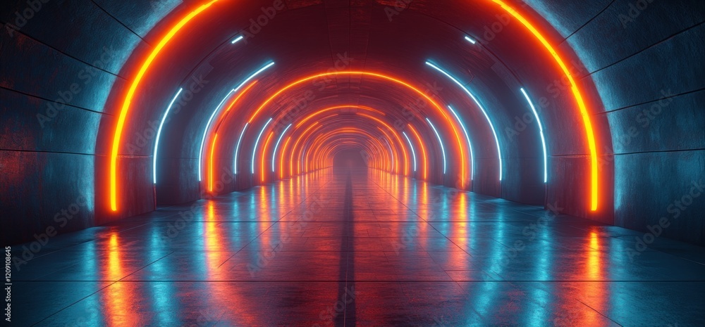 Poster neon light corridor futuristic warehouse space with angular walls and glossy floor