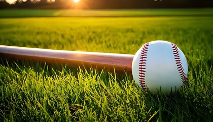 baseball and bat rest peacefully on the sun-drenched grass of a baseball field.