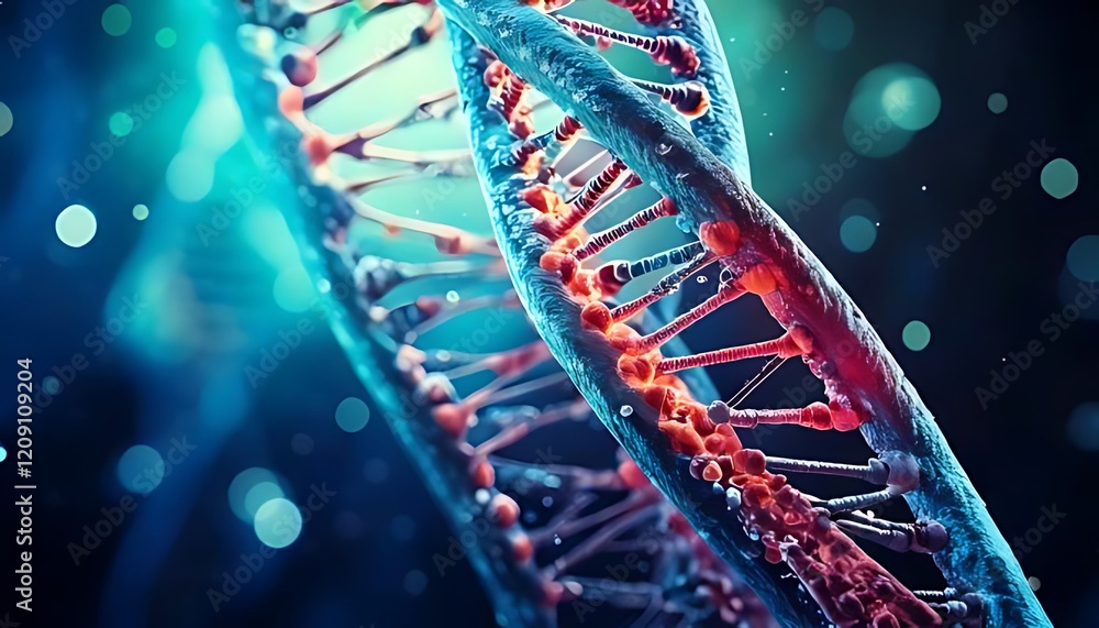 Poster close-up of a dna double helix, rendered with depth and color.