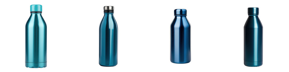 Reusable insulated stainless steel metal water bottle or thermos flask in various colors on a clean white background  Eco friendly and sustainable container for outdoor activities camping hiking