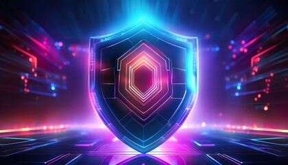 Obraz premium A glowing shield with a futuristic design, illuminated by vibrant neon colors, symbolizes protection and security in a digital landscape.