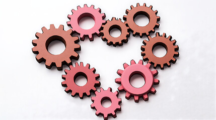 Interlocking Pink and Brown Cogs Forming a Heart Shape on White Background