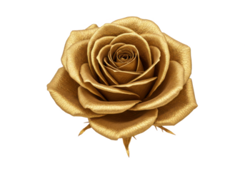 Elegant metallic golden rose with detailed petals and leaves, isolated on a white background