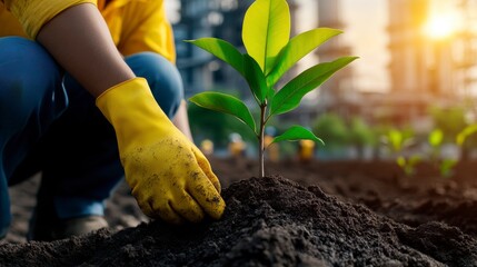 A gardener planting a young sapling in urban soil, surrounded by city buildings at sunset