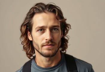 Obraz premium Man with long curly brown hair in a neutral background