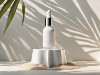 Minimalist white dropper bottle on a sculptural pedestal surrounded by fine sand, with tropical leaf shadows adding an elegant touch.