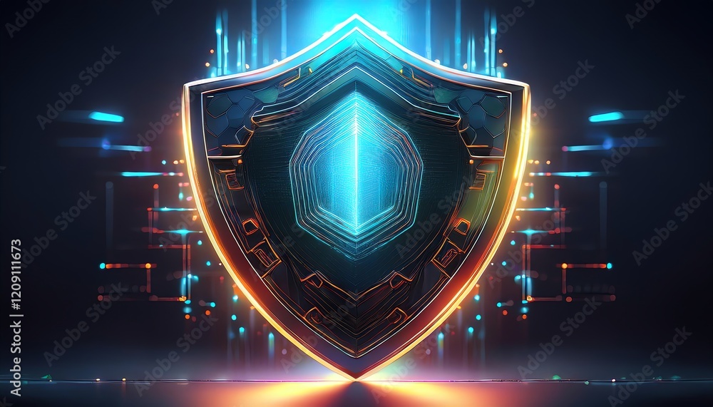 Poster a digital shield with glowing edges surrounded by futuristic patterns, symbolizing protection and te