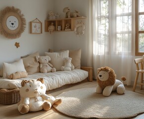 Minimalist Children's Room Interior with Wooden Furniture and Playful Decor