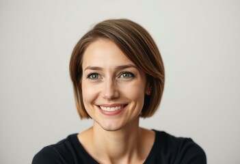 Naklejka premium Woman with short hair, smiling, and curious eyes