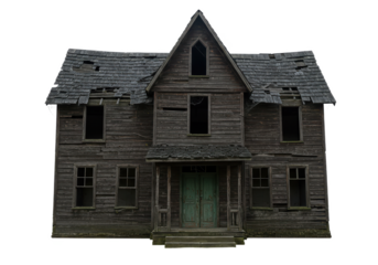 Old, eerie wooden haunted house with broken windows and a dilapidated roof, isolated on a white background