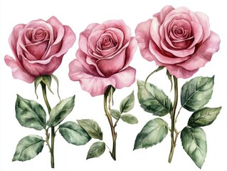 Watercolor Arrangements with Garden Roses, Pink Flowers, Leaves, and Branches - Botanic Illustration Isolated on White