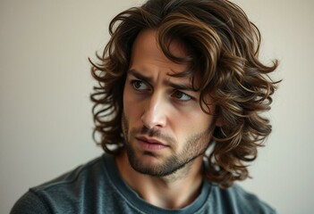 Portrait of a man with long hair and introspective expression