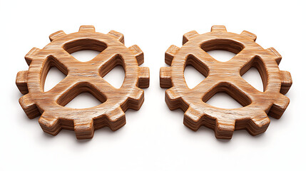 Fototapeta premium Two Interlocking Wooden Cogwheels Teamwork Mechanism Collaboration Concept