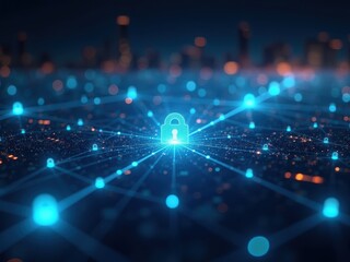 Fototapeta premium Exploring futuristic quantum networks with digital locks representing secure data transmission in a vibrant cityscape at night