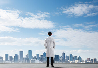 街を見つめる白衣姿の男性医師の背中。後ろ姿。全身｜The back of a male doctor in a white coat looking out at the city. From behind. Full body.