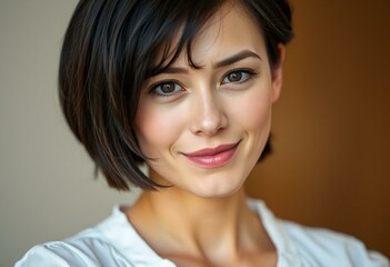 Woman with short hair, gentle smile, and subtle sadness