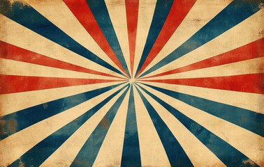 Retro Sunburst Background Pattern with Grunge Texture in Vintage Colors of Red Blue Orange Beige Peach Yellow