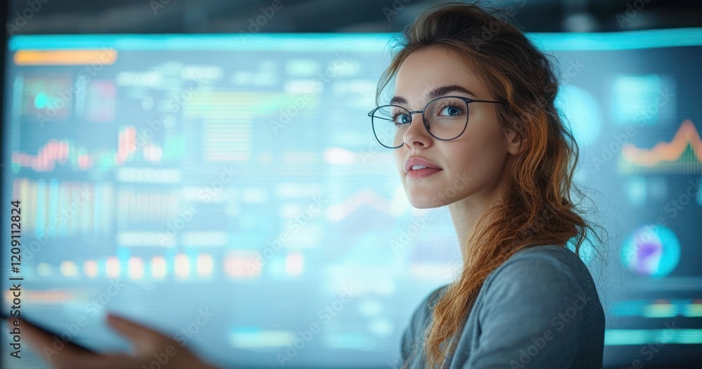 Poster hispanic female data scientist leading risk management presentation in modern office with advanced a