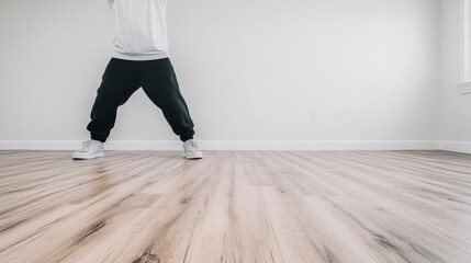 Person Standing on Light Wood Floor in Empty Room