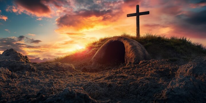 omb Empty with Shroud and Crucifixion at Sunrise - Resurrection of Jesus