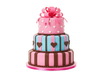 Colorful three-tiered birthday cake decorated with pink, blue, and chocolate patterns, topped with a pink bow, isolated on a white background