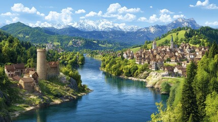 Fototapeta premium Picturesque River Valley Village Alpine Castle Scenery