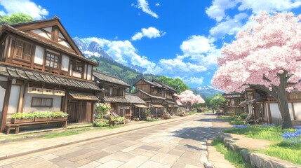 Fototapeta premium Picturesque Village Street Spring Cherry Blossoms Mountains