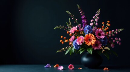Obraz premium A vibrant bouquet of multicolored blossoms in a dark vase, arranged with artful precision, sits on a deep-hued surface against a rich black backdrop