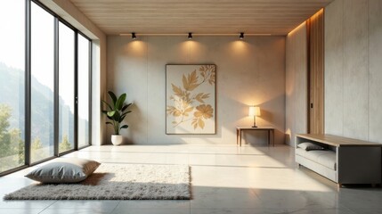 Fototapeta premium Serene Minimalist Living Room Design with Natural Light and Subtle Botanical Accents