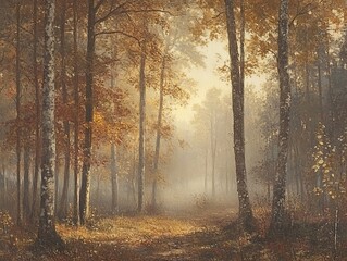 Obraz premium Golden sunlight illuminating misty autumn forest at dawn