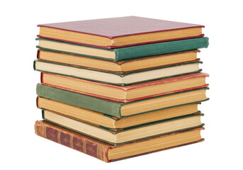 Stack of vintage books in various colors with worn edges and spines, isolated on a white background
