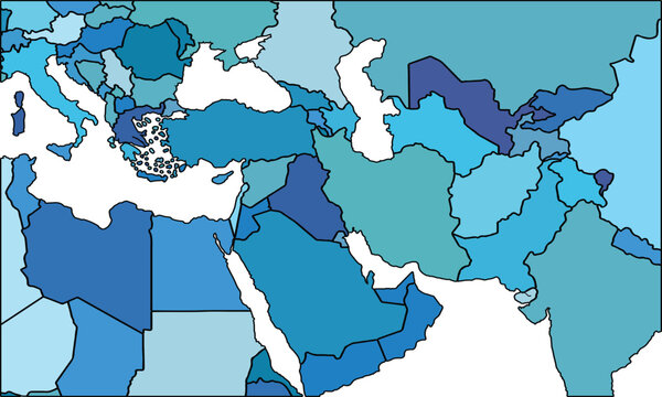 Middle East map with regions vector illustration,Middle East Political map and administrative divisions, vector illustration map of Middle East with borders, colorful map of Middle East.