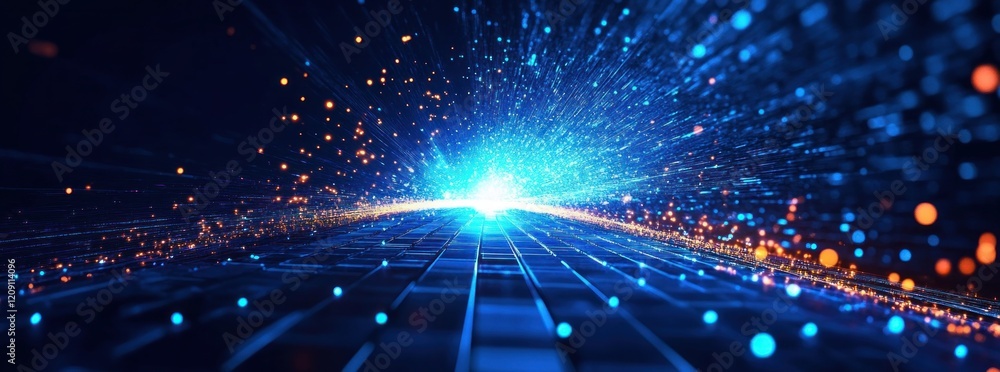 Poster futuristic cyberpunk digital landscape with neon lights and data streams in abstract 3d space