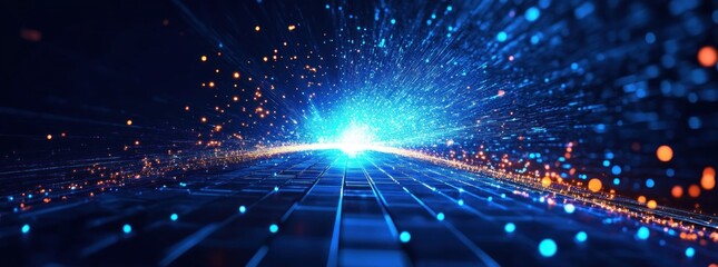 Obraz premium Futuristic Cyberpunk Digital Landscape with Neon Lights and Data Streams in Abstract 3D Space