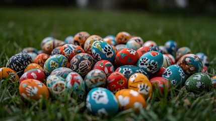 Easter eggs painted with animal paw prints, scattered on a lawn