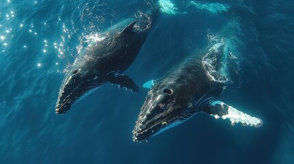 Fototapeta premium Majestic Humpback Whales Swimming in Crystal Clear Ocean Waters, Captivating Marine Life Scene Under Sunlit Surface, Showcasing Nature's Beauty and Diversity